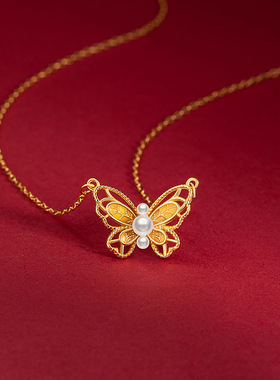 蝴蝶纯银925项链女小众设计轻奢款施家珍珠锁骨链ins风镂空吊坠