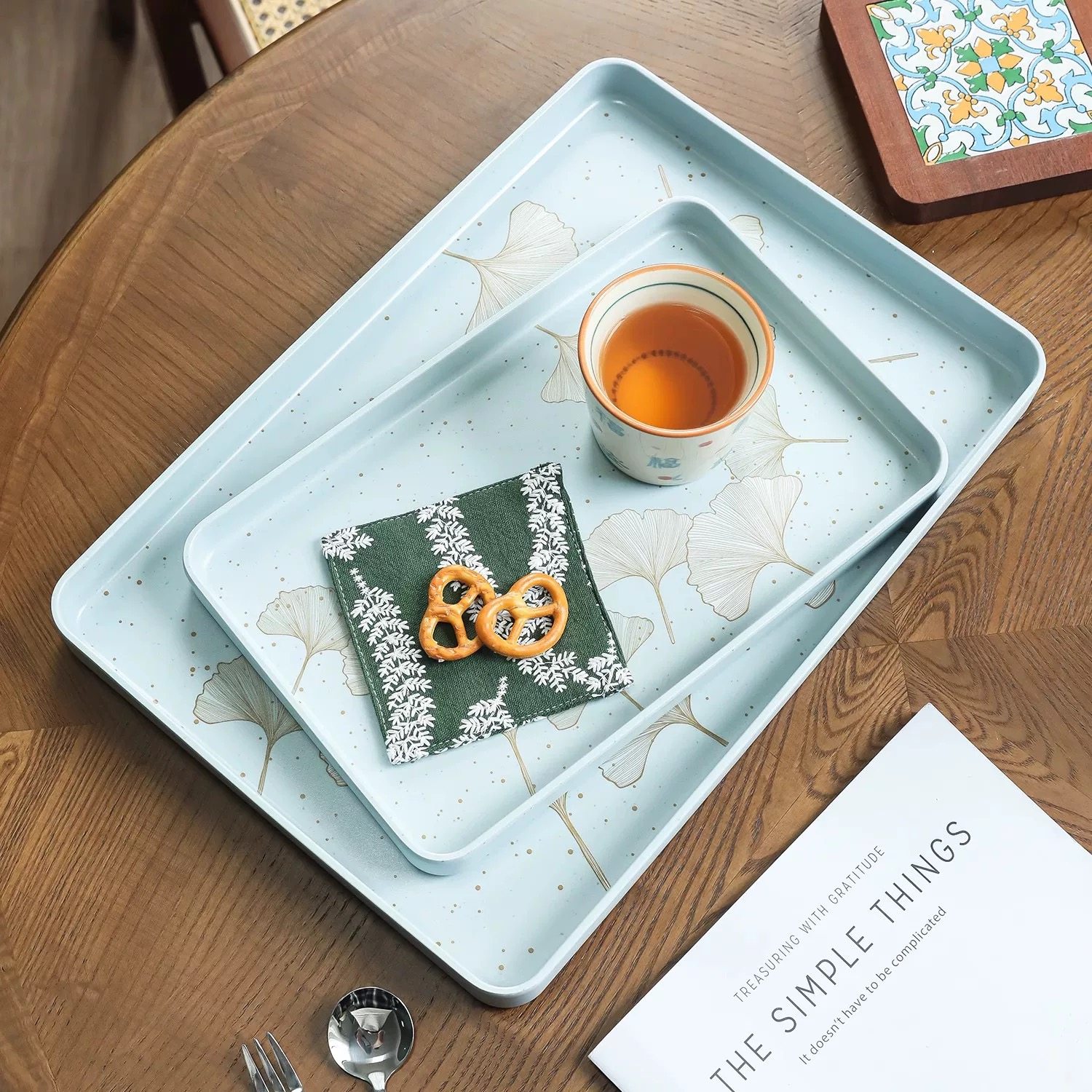 复古银杏叶图案餐用托盘家用长方形上菜盘子仿瓷密胺塑料托盘茶盘,淘宝优惠券,粉丝福利购,淘宝优惠卷