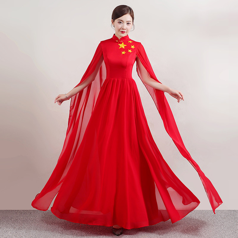 红歌合唱服长裙演出服女表演服装大合唱指挥主持礼服开场舞大摆裙_虎窝淘