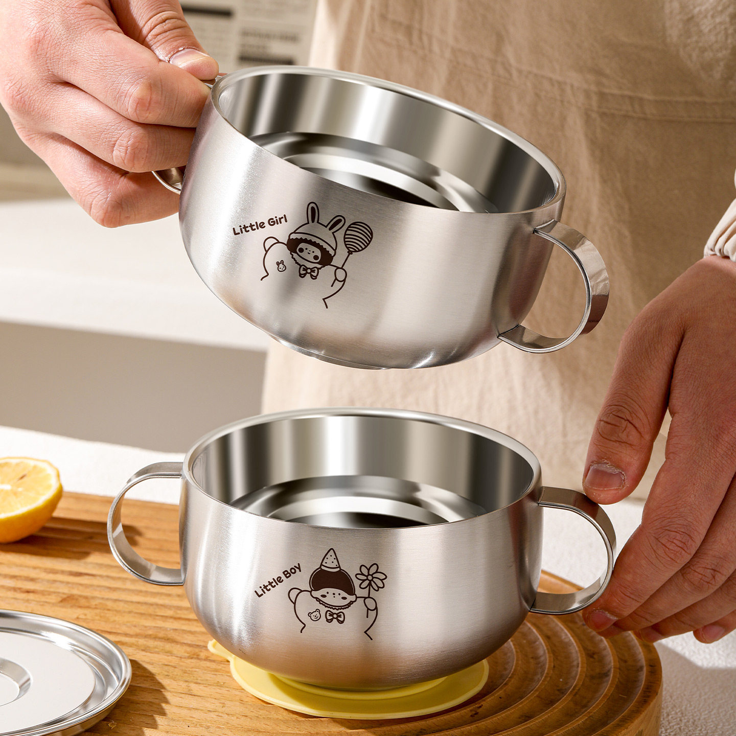 316L不锈钢儿童碗双耳辅食碗吃饭专用碗套装防摔婴儿宝宝饭碗餐具