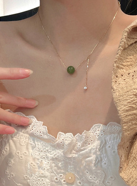 绿色单珠流苏项链女小众高级感轻奢锁骨链简约设计气质颈链新款潮