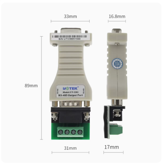宇泰UT-2201无源RS232转RS485转换器 232转485转接头485通讯模块9孔串口转485接线端子9针4位COM双向传输数据 - 图2