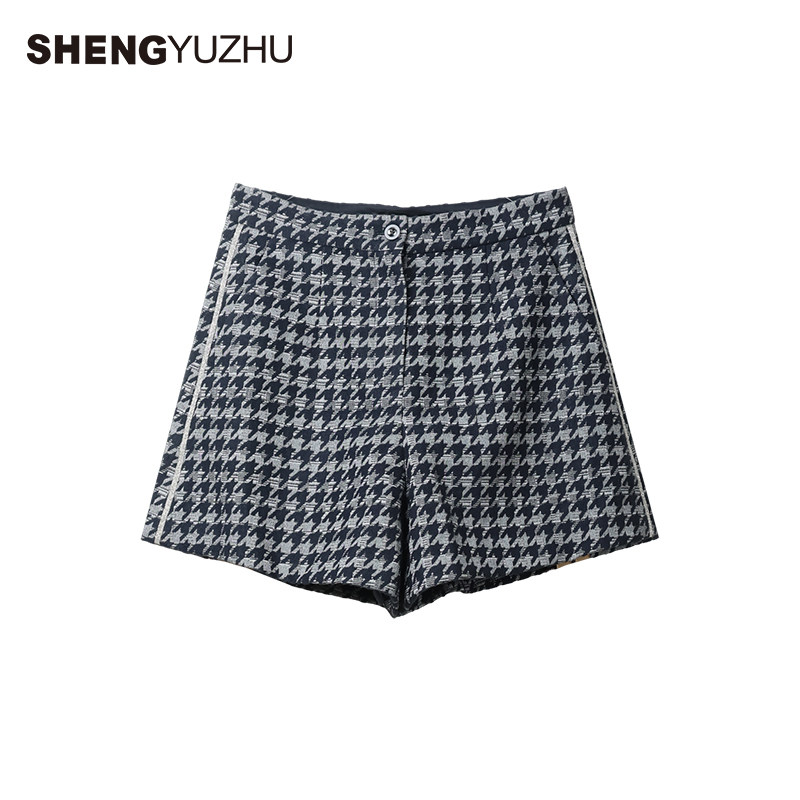 声雨竹休闲裤女蓝色格纹直筒短裤中高腰免烫通勤裤女淑女百搭短裤,淘宝优惠券,粉丝福利购,淘宝优惠卷