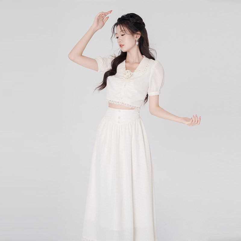 韩语琳套装女2024新款夏季时尚气质显瘦短袖白色上衣半身裙两件套-图0