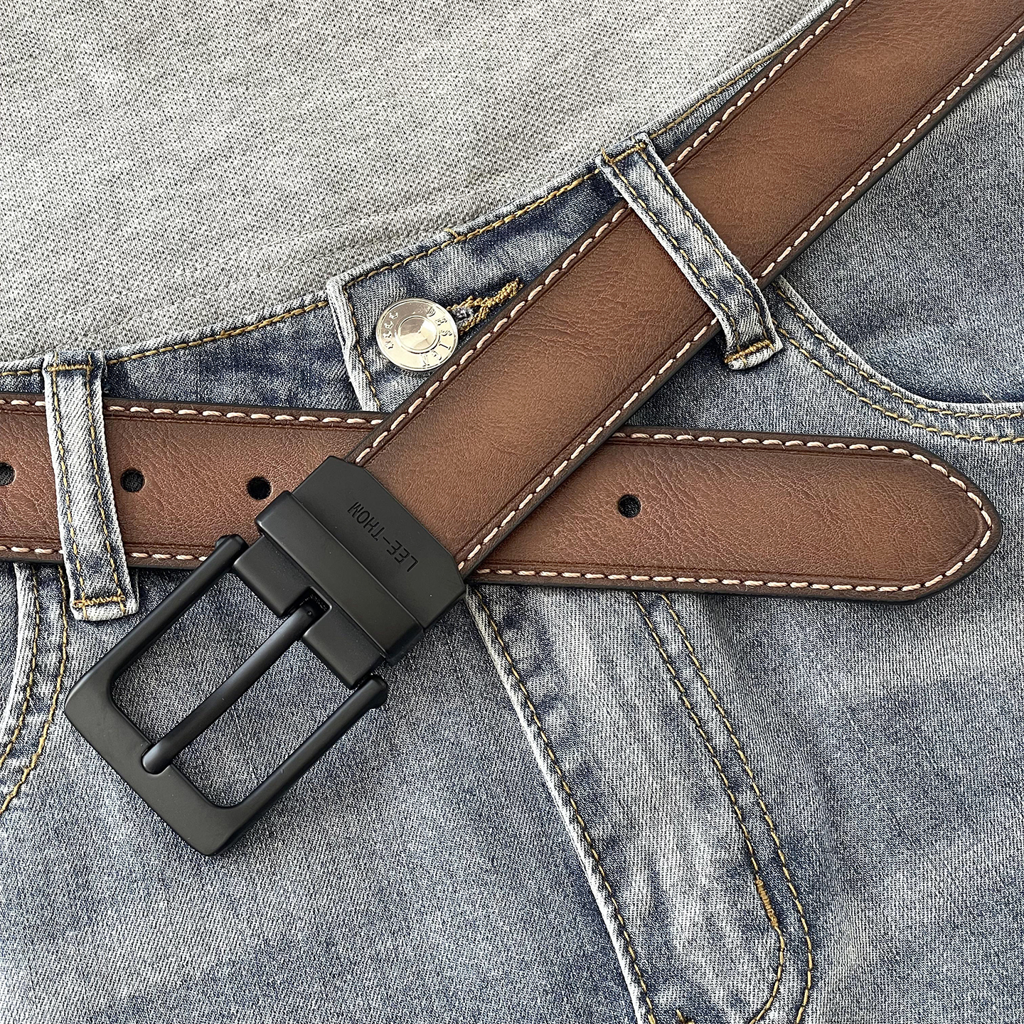 LEE-THOM男士针扣皮带年轻人休闲真皮百搭双面用牛仔裤休闲裤腰带