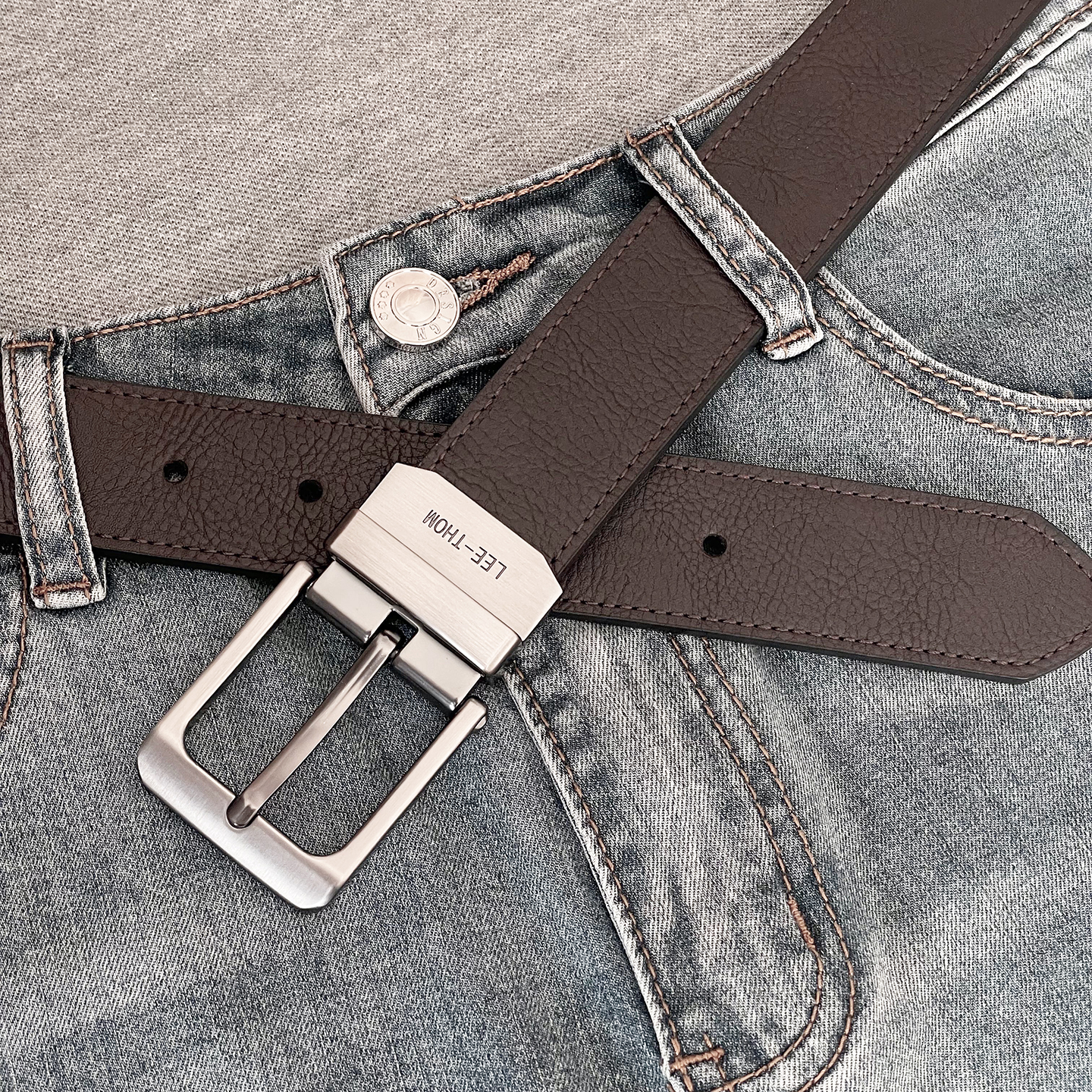 LEE-THOM男士针扣皮带年轻人休闲真皮百搭双面用牛仔裤休闲裤腰带