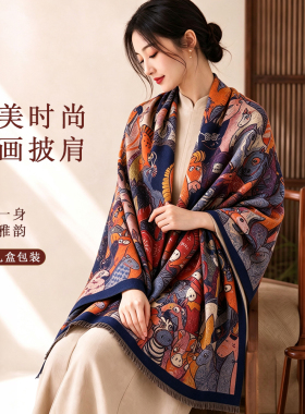 羊绒围巾女秋冬时尚保暖高级感油画披肩加大加厚氛围感围脖礼盒装
