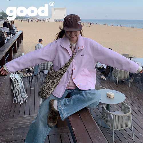 美好商店MeihaoStore「豹绒绒」粉色竖条纹领口两面穿夹克外套 - 图2