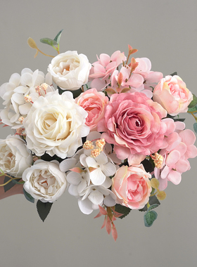 油画牡丹仿真花花束装饰摆件客厅餐桌花艺插花绢花