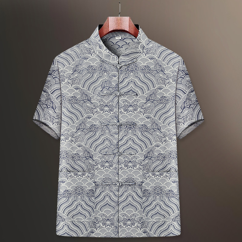 真丝唐装男中老年短袖薄款衬衫桑蚕丝爸爸夏装套装爷爷中国风男装,淘宝优惠券,粉丝福利购,淘宝优惠卷