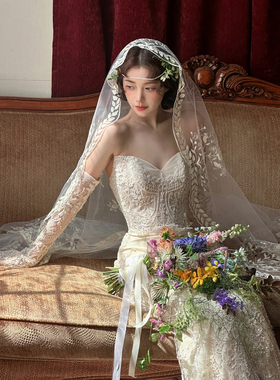 超仙森系新娘结婚蕾丝花边头纱