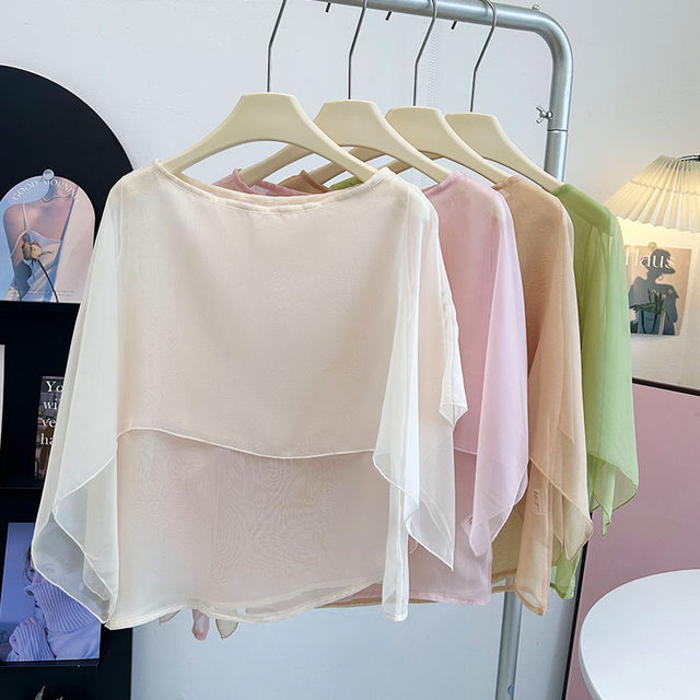 New Chinese style super soft fake two-piece irregular double-layer chiffon shirt slightly see-through blouse thin top dance wear gauze for women