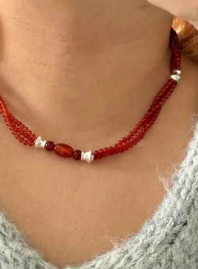 新中式红玛瑙项链本命年小众缠绕转运珠高级复古红串珠锁骨链项链