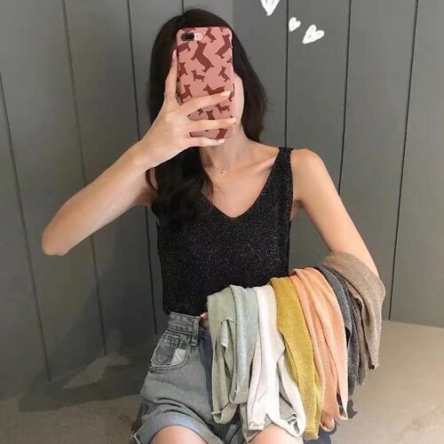 2026春夏内搭针织烫钻亮丝bling吊带背心女纯色无袖打底衫V领上衣 - 图1