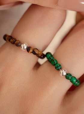 2026S925银极细彩色串珠戒指女碧