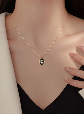 新款S925银复古黑色滴釉玫瑰花项