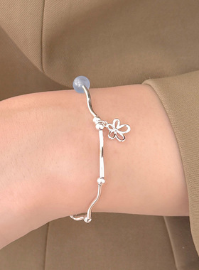 新款S925银ins风弯管蓝色串珠花