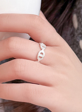 新款S925银肌理感猪鼻子戒指女韩