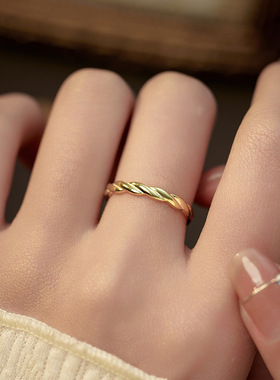 新款S925银简约麻花素圈戒指女小