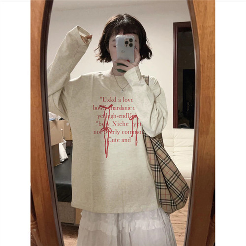 纯棉美式复古字母蝴蝶结长袖t恤女春秋薄款小众设计感宽松打底衫 - 图0