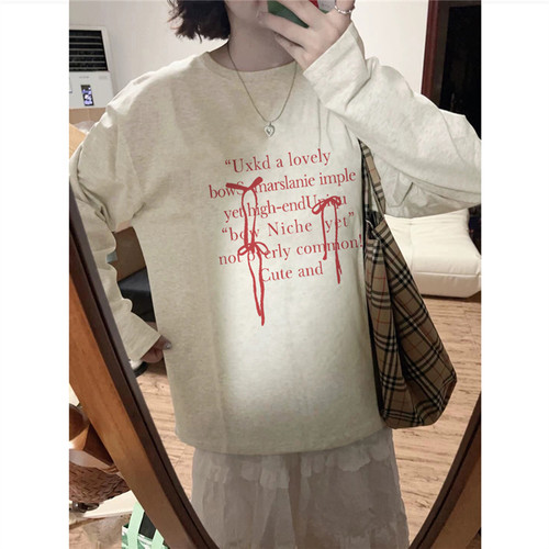 纯棉美式复古字母蝴蝶结长袖t恤女春秋薄款小众设计感宽松打底衫 - 图1