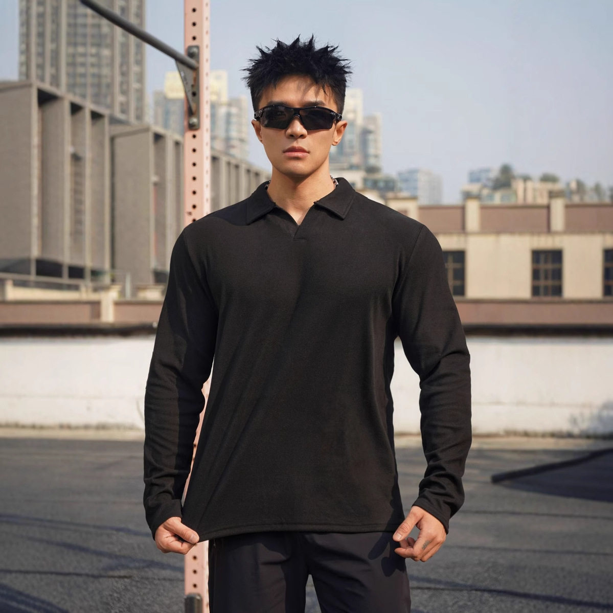 秋冬男士健身运动德绒加厚保暖弹力POLO衫纯色休闲打底长袖T恤 - 图3