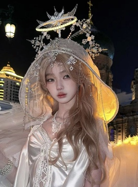 万圣节圣母妆配饰洛丽塔风格白色蕾丝皇冠头饰女珍珠流苏光环发饰