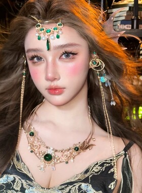 西域风额饰汉服配饰流苏绿色发箍异域风情敦煌发饰古风汉服眉心坠