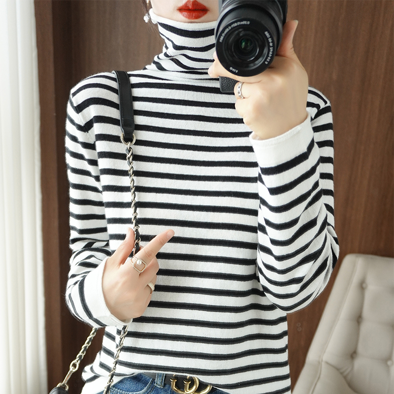 100%纯棉上衣堆堆领套头针织毛衣打底衫条纹卷边新款时尚休闲宽松 - 图0