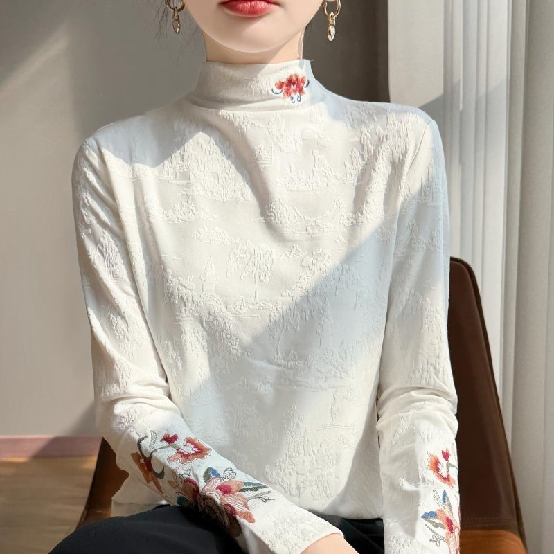 新中式国风刺绣上衣针织衫女半高领提花毛衣高级感气质保暖打底衫,淘宝优惠券,粉丝福利购,淘宝优惠卷