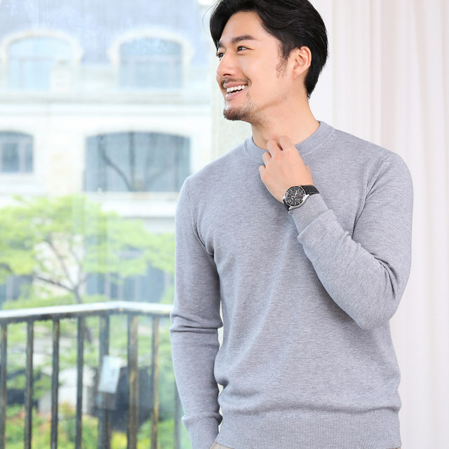 2023 new men's thickened round collar pull -up base cashmere knitted loose round neck autumn and winter pure color sweater men