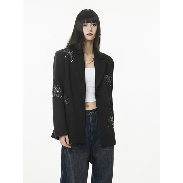 SeeU Xiyou Heavy Industry Fireworks Embroidered Beads Suit Jacket Black Slim Personality Loose Design Suit Women