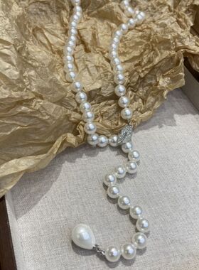 新品Y形白色10mm施家珠项链摇儿