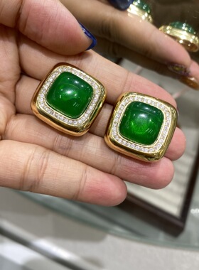 S925银针金色撞色几何锆石方块耳