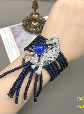 铜材质蓝色琉璃珠豹子设计感密镶