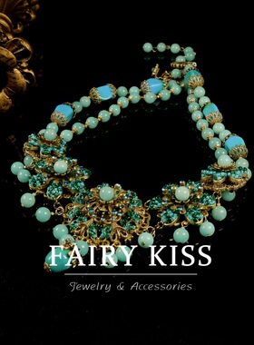 重工复古项链绿色石头编织粒珠镶