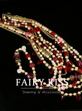 宫廷风长款多层红色琉璃珍珠链奢