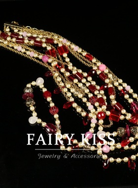 宫廷风长款多层红色琉璃珍珠链奢