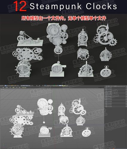 创意蒸汽朋克时钟齿轮钟表blender C4D模型3d素材白模无材质C1540-图0
