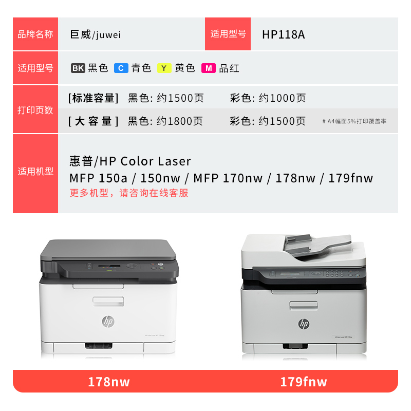 适用惠普178nw粉盒179fnw硒鼓MFP 170nw 178nw一体机墨盒HP Color Laser 150a 150nw彩色打印机hp 118A墨粉盒-图3