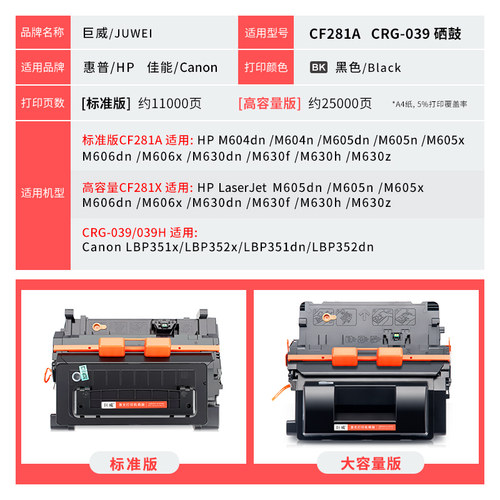 适用惠普M605dn硒鼓CF281A M605n M604dn/n M625dw M630dn M606 hp81a粉盒佳能CRG039 LBP351dn LBP352dn墨盒 - 图3