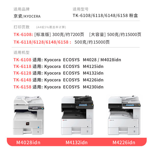 适用京瓷M4028idn粉盒M4125idn M4132idn M4226idn M4230idn碳粉TK6118 TK6128 TK6148 TK6158 TK-6108墨粉盒 - 图3