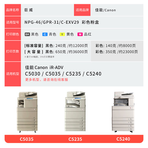 巨威适用佳能C5030粉盒C5235碳粉盒Canon iR-ADV C5035 C5240彩色打印复印机数码复合机墨盒碳粉NPG-46墨粉盒 - 图3
