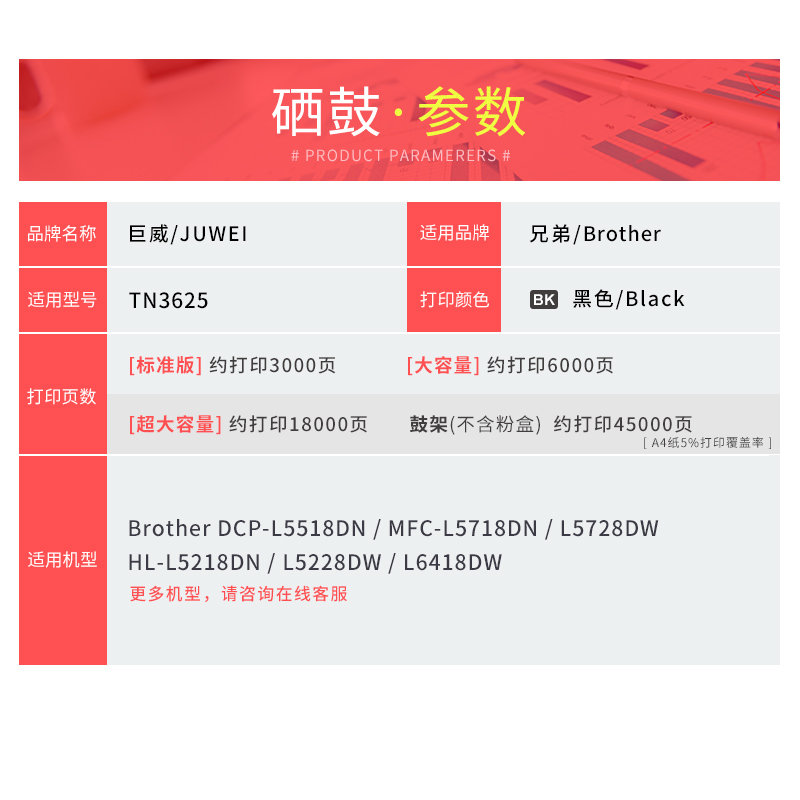 适用兄弟DCP-L5518DN粉盒MFC-L5718DN L5728DW硒鼓HL-L5218DN L5228DW L6418DW墨盒TN3625碳粉盒DR3625鼓架 - 图3