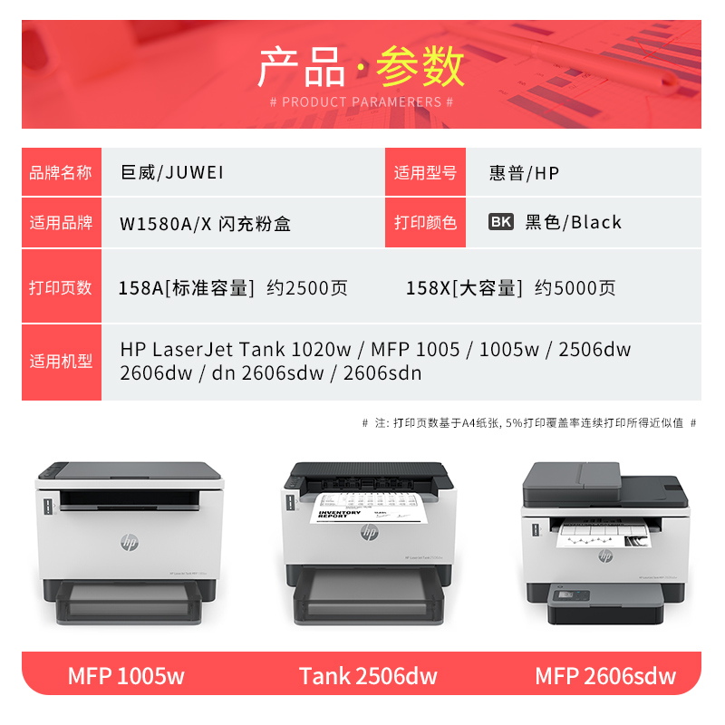 适用惠普158A粉盒W1580A黑色碳粉盒 HP LaserJet Tank 1020w MFP 1005 1005w激光打印机墨盒158X智能闪充粉盒 - 图3