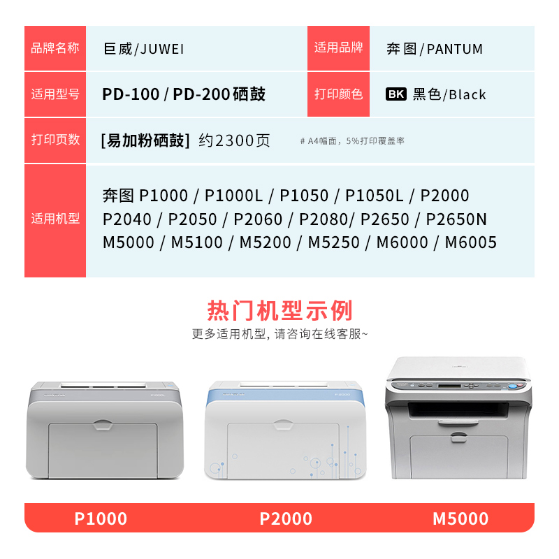 适用奔图M5000硒鼓PD-200H P1000L P1050 P2000 P2050 P2060 M5100 M5200 M6000 M6005墨盒P2650 M5250 P2080 - 图3