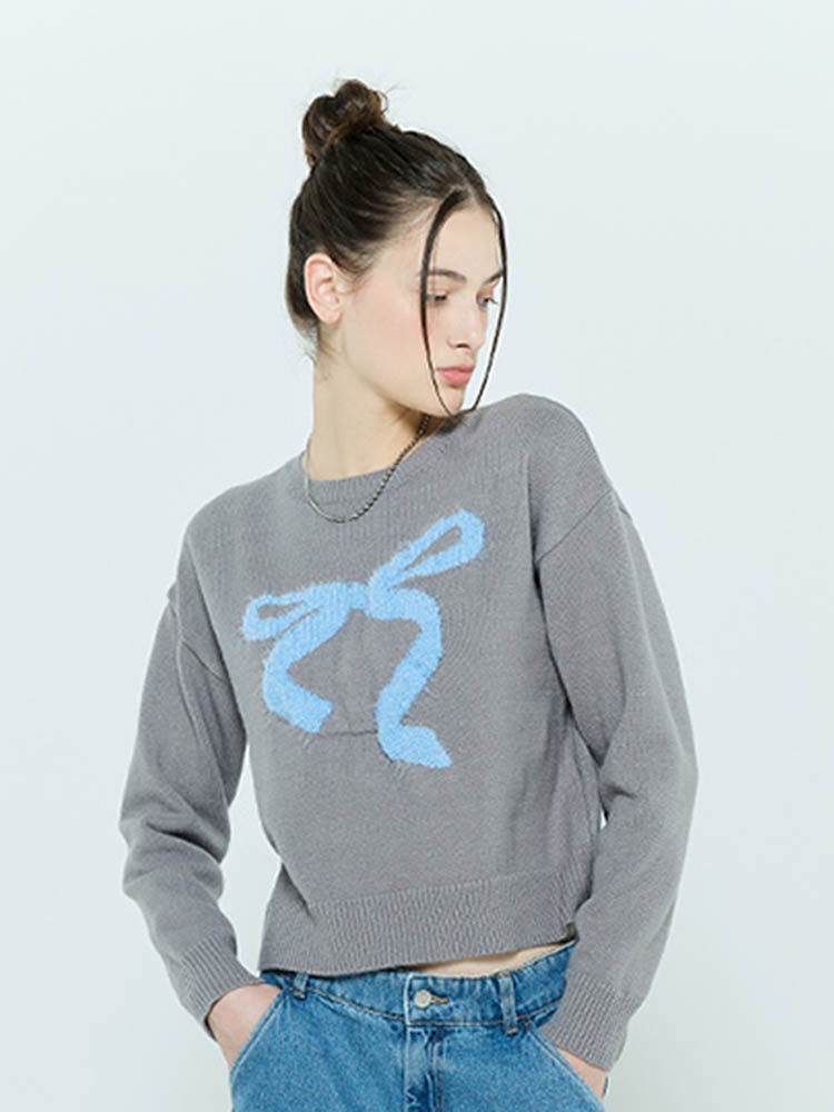 现货李娜妍金所愿同款LARTIGENT23秋蝴蝶结图案毛衣短针织上衣 - 图2