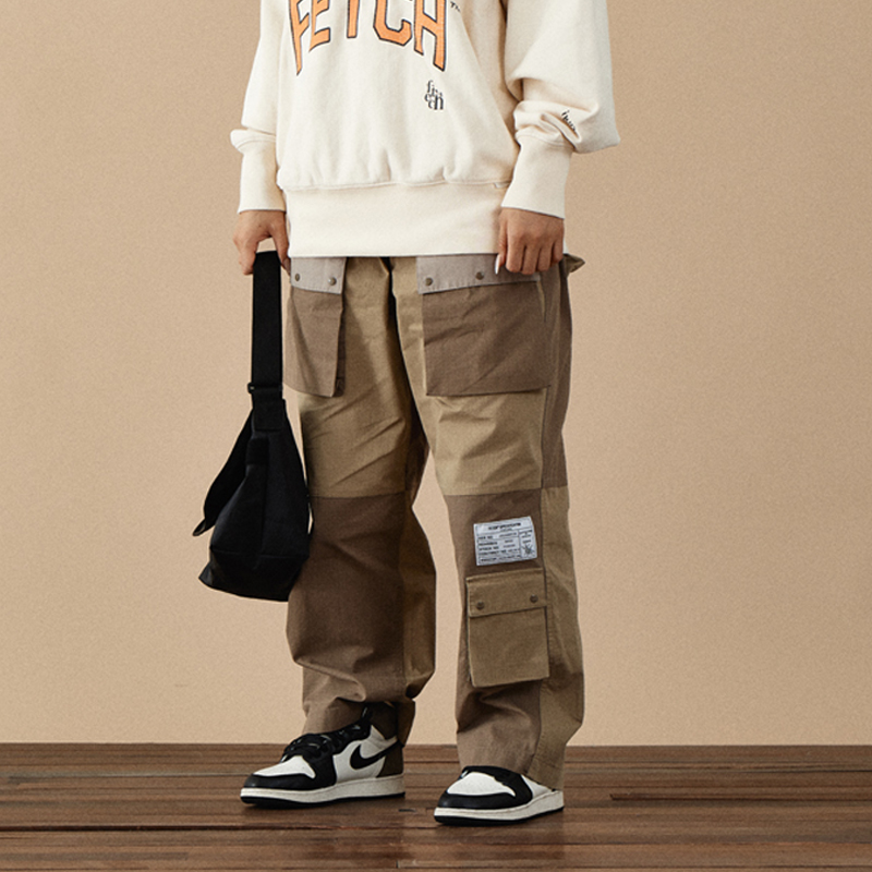 FETCH 春夏男女情侣款撞色拼接口袋休闲宽松工装长裤韩国代购 - 图2