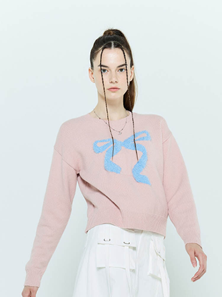 现货李娜妍金所愿同款LARTIGENT23秋蝴蝶结图案毛衣短针织上衣 - 图3