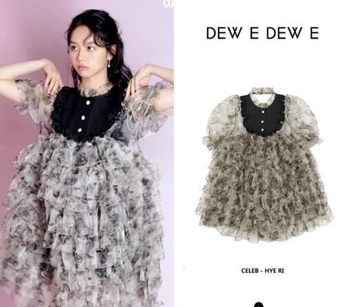 Jennie同款DEW E DEW E 21春泡泡袖拼接公主连衣裙网纱蛋糕裙 - 图1